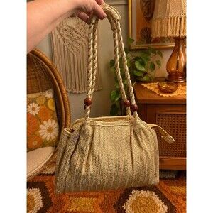 Vtg Bob & Alice Straw Purse Tote Bag Taiwan ROC Vinyl Lined Wood Bead On Handles